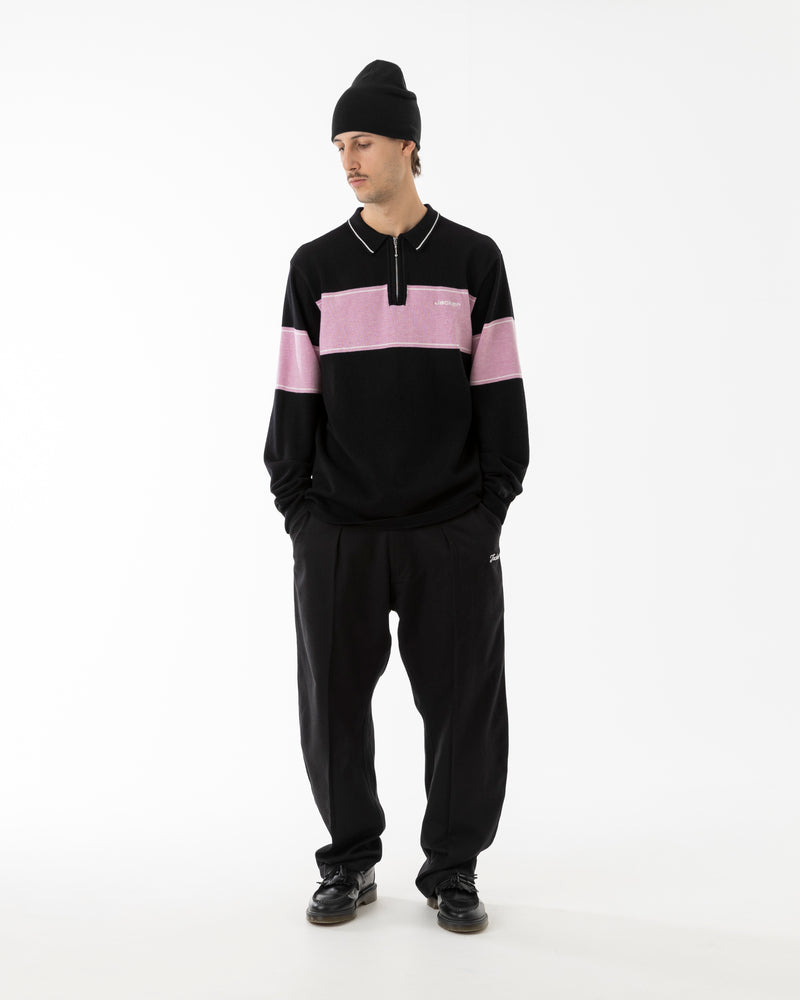 EURO STRIPE KNIT POLO - BLACK