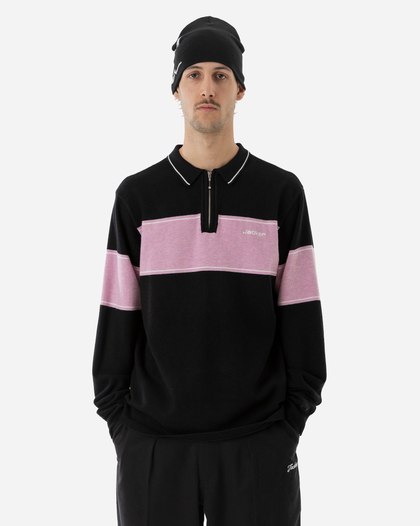 EURO STRIPE KNIT POLO - BLACK