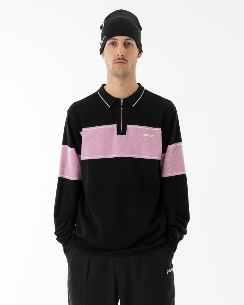 EURO STRIPE KNIT POLO - BLACK